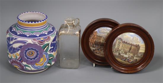 A Poole Carter Stabler Adams vase, two framed pot lids and a Victorian glass decanter